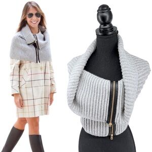 Club Monaco Zipped Knit Snood Lambswool Angora Rabbit Cashmere Leather Trim Gray